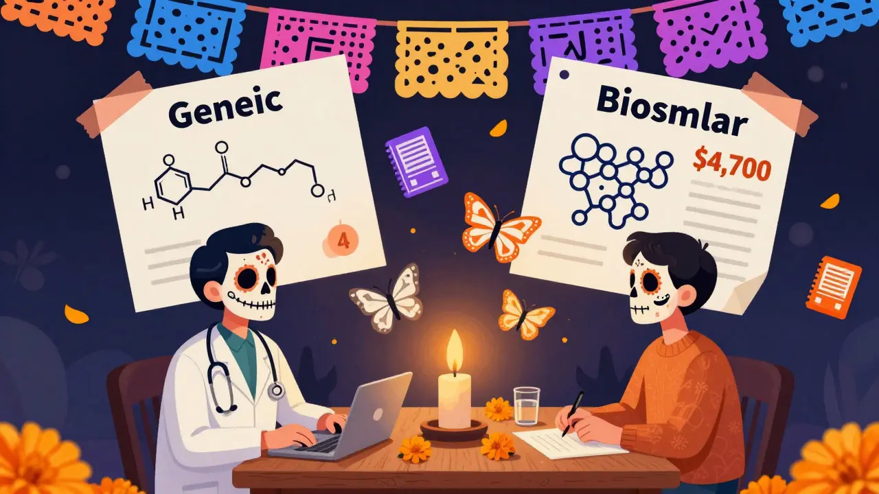 Doctor and patient at table with generic and biosimilar charts, floating FDA books, and marigold petals