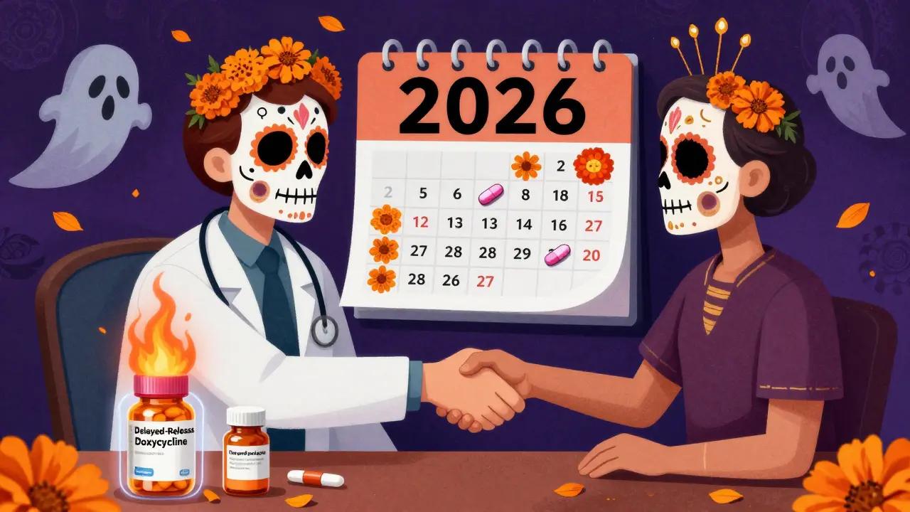 Doctor and patient shaking hands over pill bottles, new medications blooming as flowers on 2026 calendar.