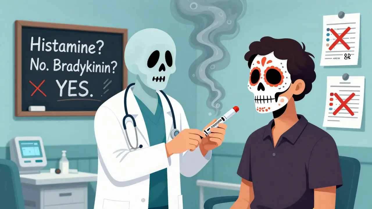 ER scene with ghostly bradykinin spirit dissolving EpiPen smoke, crossed-out meds on chalkboard, patient’s lips swollen like sugar skulls.