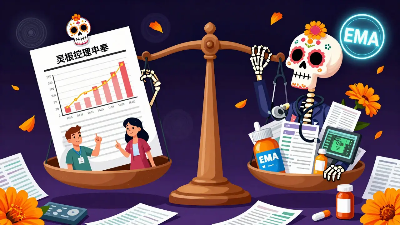 Giant scale balancing clean trial data vs messy real-world records, held by skeletal hands, with FDA and EMA seals glowing differently.