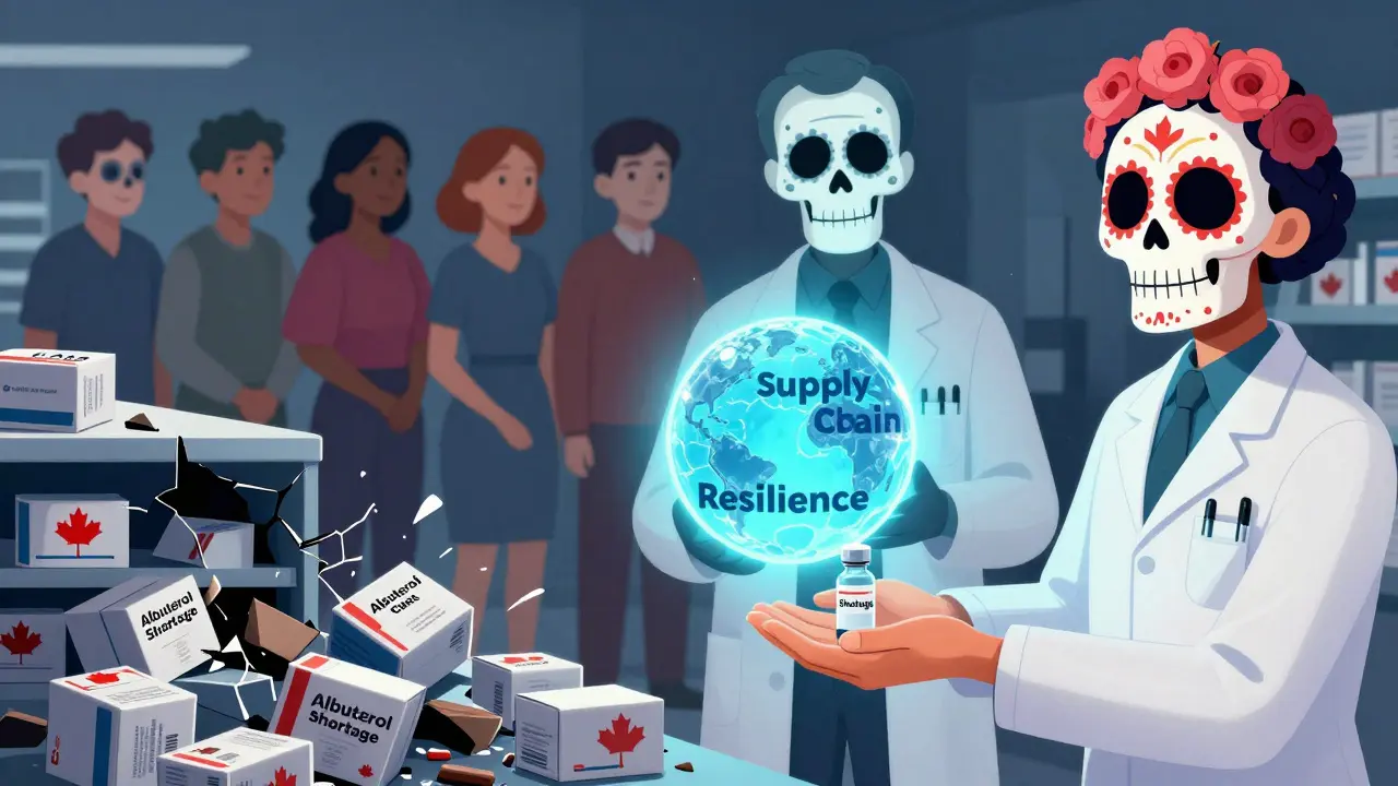 Health Canada official holds a supply chain globe while patients receive steady medication, contrasting a collapsed U.S. shelf.