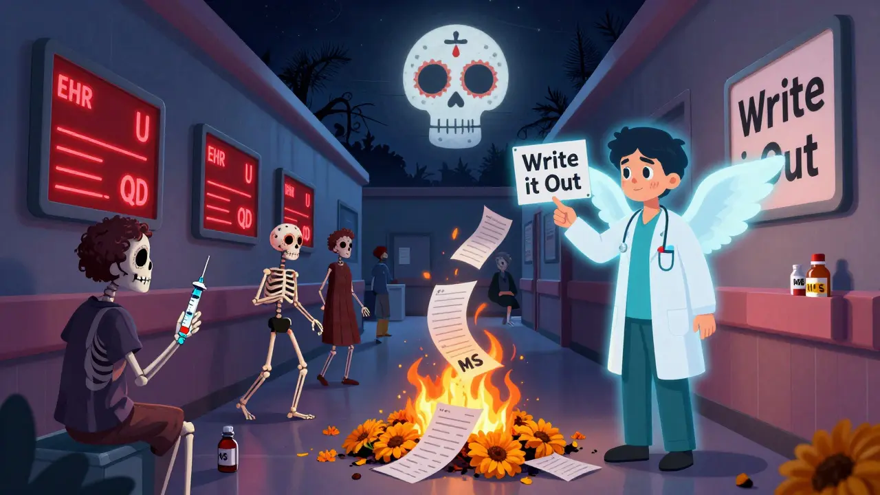 Hospital hallway with glowing EHR warnings over dangerous abbreviations, patients as skeletons, and a young doctor pointing to 'Write it Out' sign.