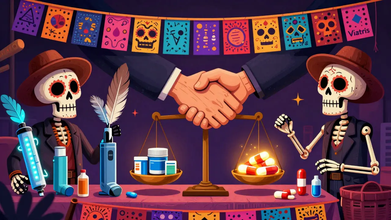 Market stall with skeletal vendors selling advanced combo drugs like auto-injectors and inhalers, under papel picado banners, with Teva and Viatris hands shaking above.