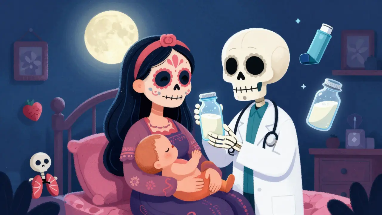 Mother breastfeeding as a skeleton doctor shows minimal medicine in breast milk, with inhaler icons floating nearby.