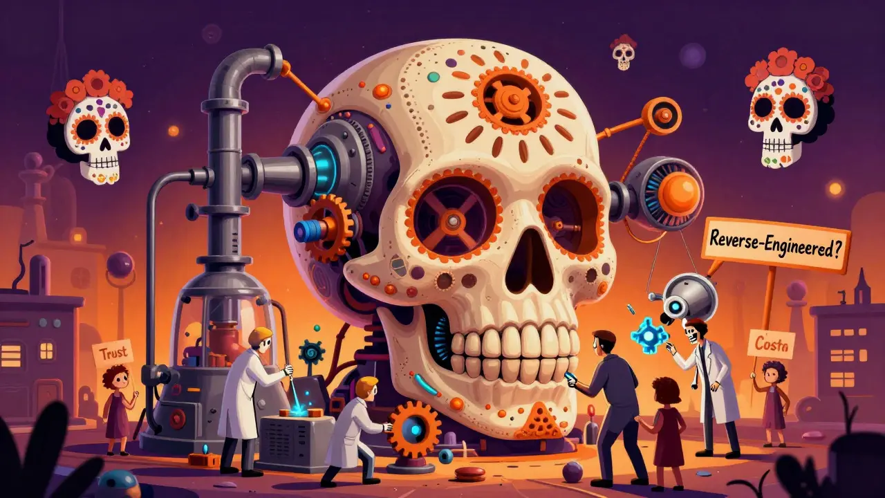Ornate skull factory with protein gears, engineers rebuilding it, patients holding signs in Day of the Dead style