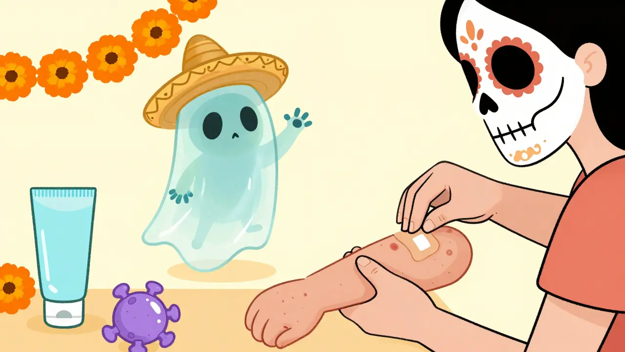 Parent applying a bandage to a bump as a skeletal virus spirit waves goodbye, with bath toys and flowers nearby.