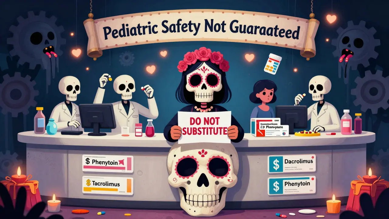 Parent blocks pharmacy counter shaped like a skull, demanding 'Do Not Substitute,' as skeletal workers swap critical meds for dollar-stamped generics.