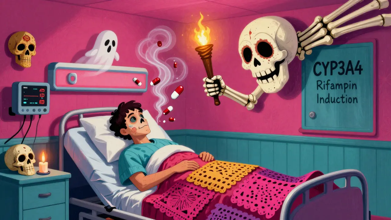 Patient under papel picado blanket as ghostly anticoagulant pills vanish, watched by a skeletal CYP3A4 hand holding a rifampin torch.