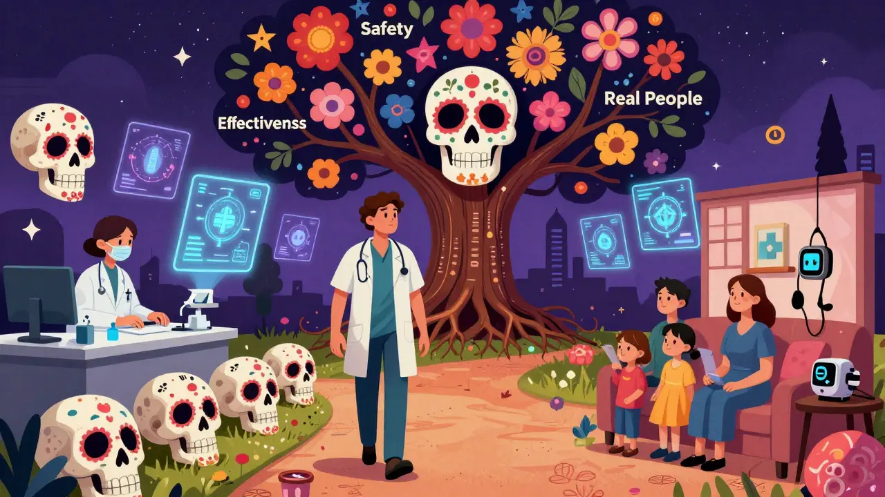 Patient walking between trial and real-world data paths, surrounded by sugar skulls and AI holograms, under a tree of health records and flowers.