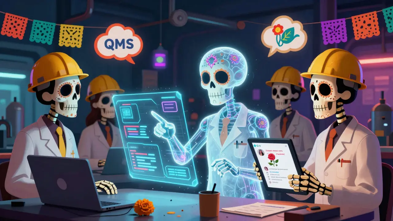 Skeleton engineers work with a glowing AI spirit made of data streams and papel picado, analyzing a holographic dashboard.