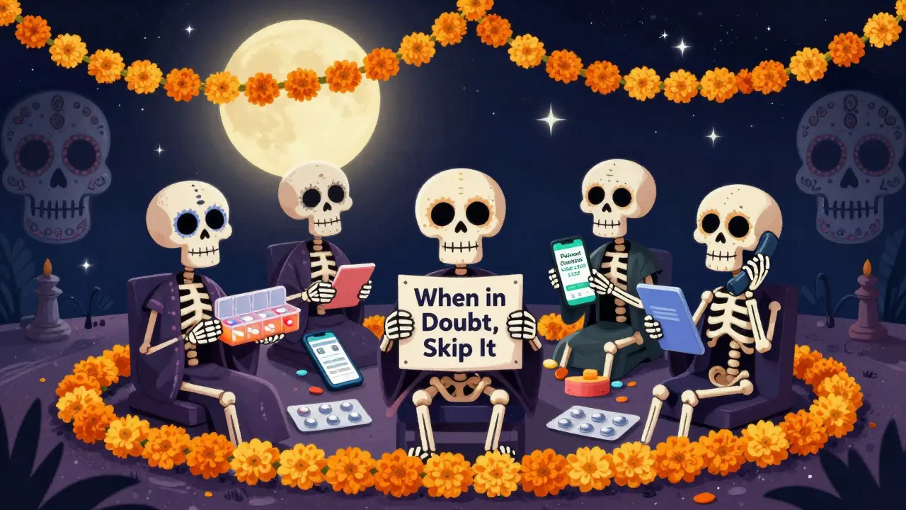 Skeletons using pill organizers and apps under a starry sky, with a 'Skip It' sign.