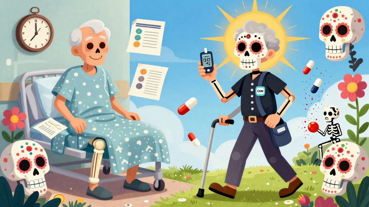 Split scene: senior with broken hip on one side, walking safely with CGM on the other, sugar skulls and fading dangerous pills in background.