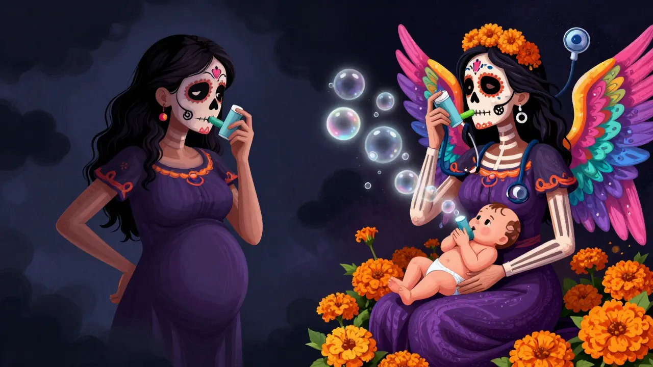 Split scene: woman hiding inhaler vs. using it with celestial angels guiding oxygen to her baby.