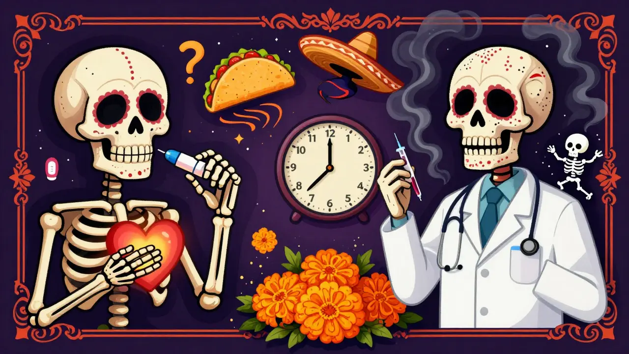 Split-screen illustration comparing a calm reaction to penicillin with a severe allergic response, featuring symbolic symptoms in vibrant Day of the Dead art style.
