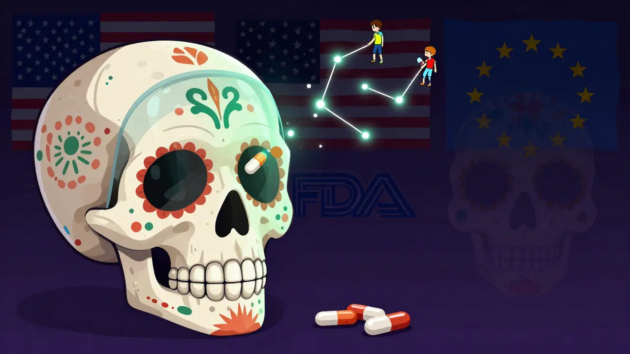 Transparent Day of the Dead skull revealing a slowly dissolving extended-release pill, with patient figures above and FDA/EUA emblems in calavera style.