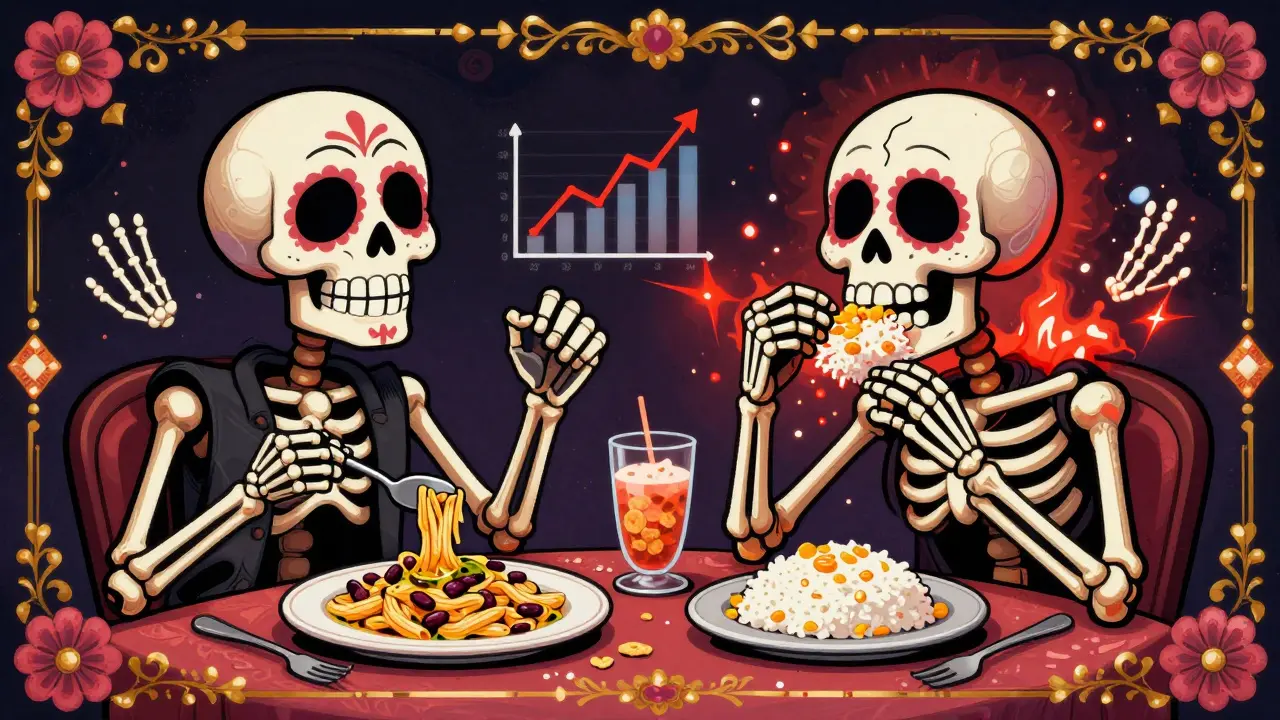Two skeletons eating different meals—one energized with whole grains, the other flickering from sugary carbs, surrounded by glucose graphs.
