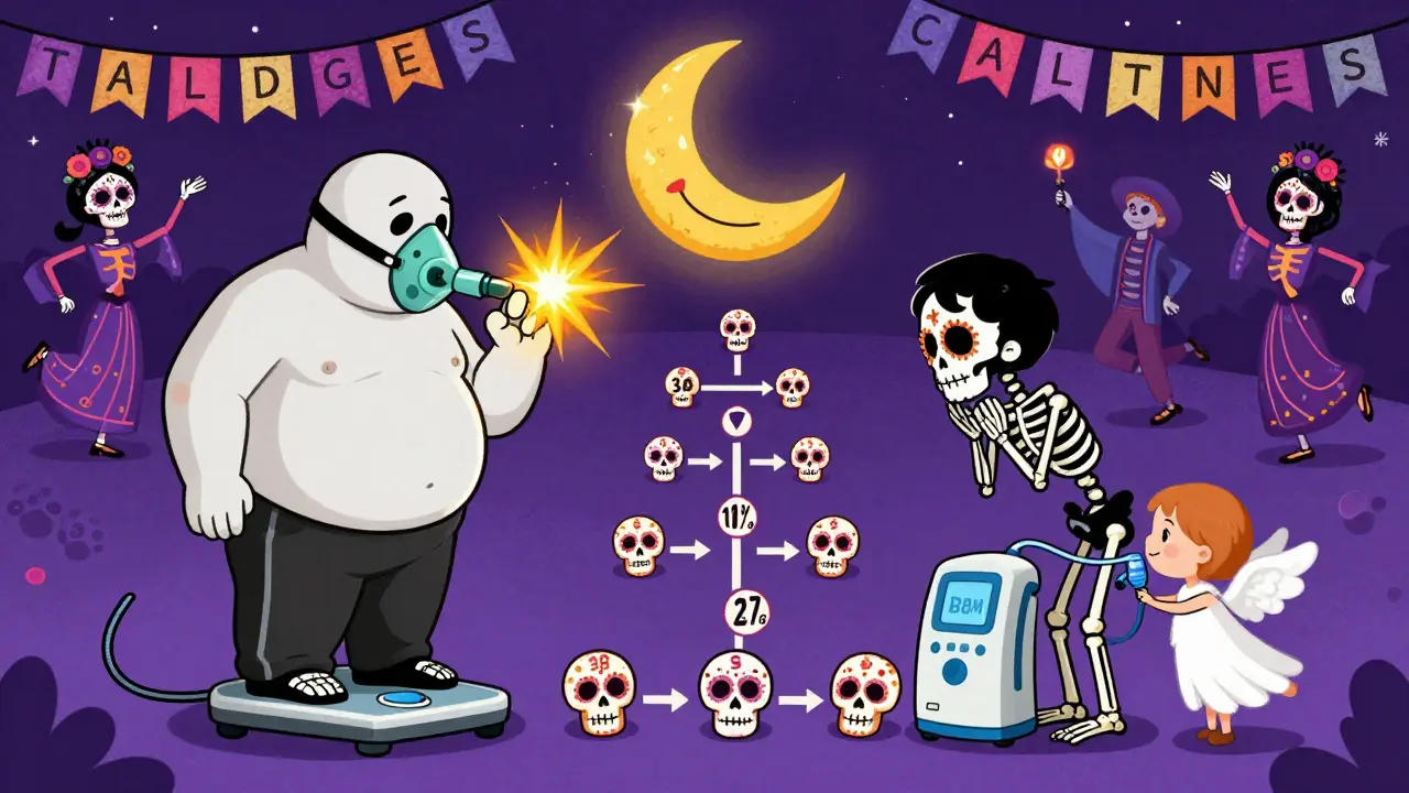 Two skeletons on a scale—one struggling with high CPAP pressure, the other free and smiling, with sugar skulls marking weight loss milestones.