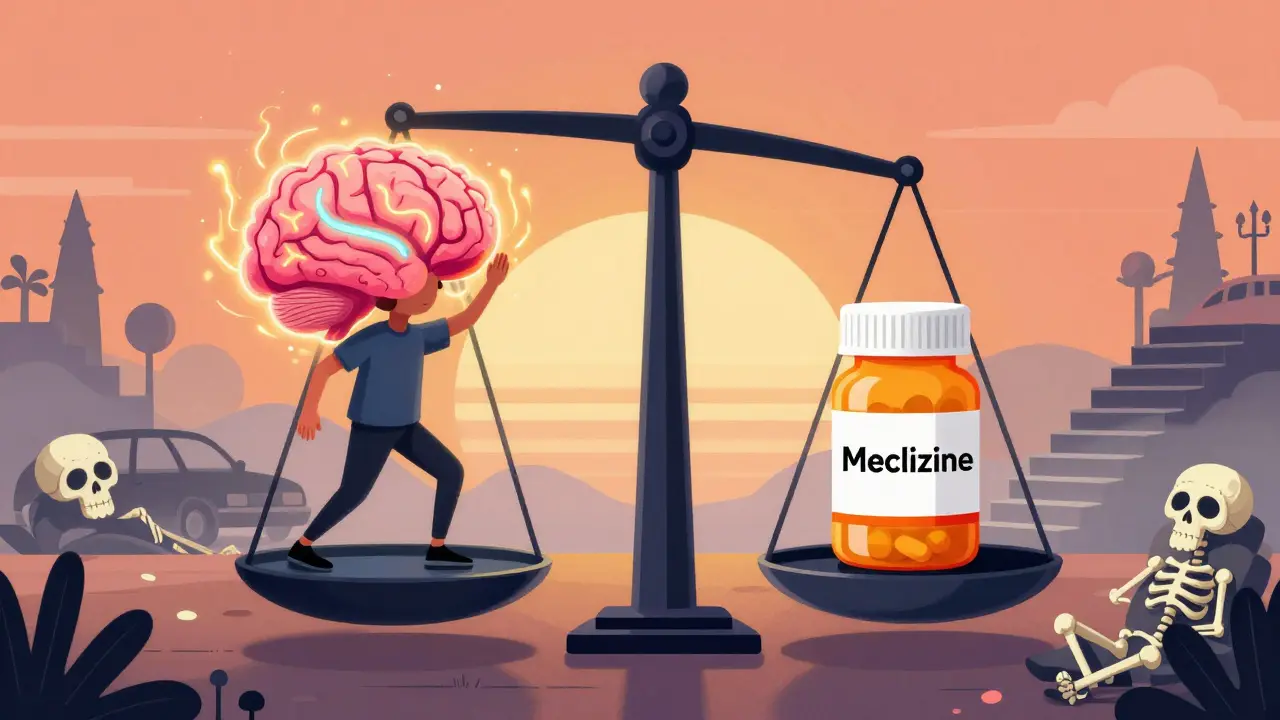 A balanced scale contrasts a glowing brain in therapy with a meclizine pill, as sleepy skeletons and foggy hazards loom behind, under a rising sun.
