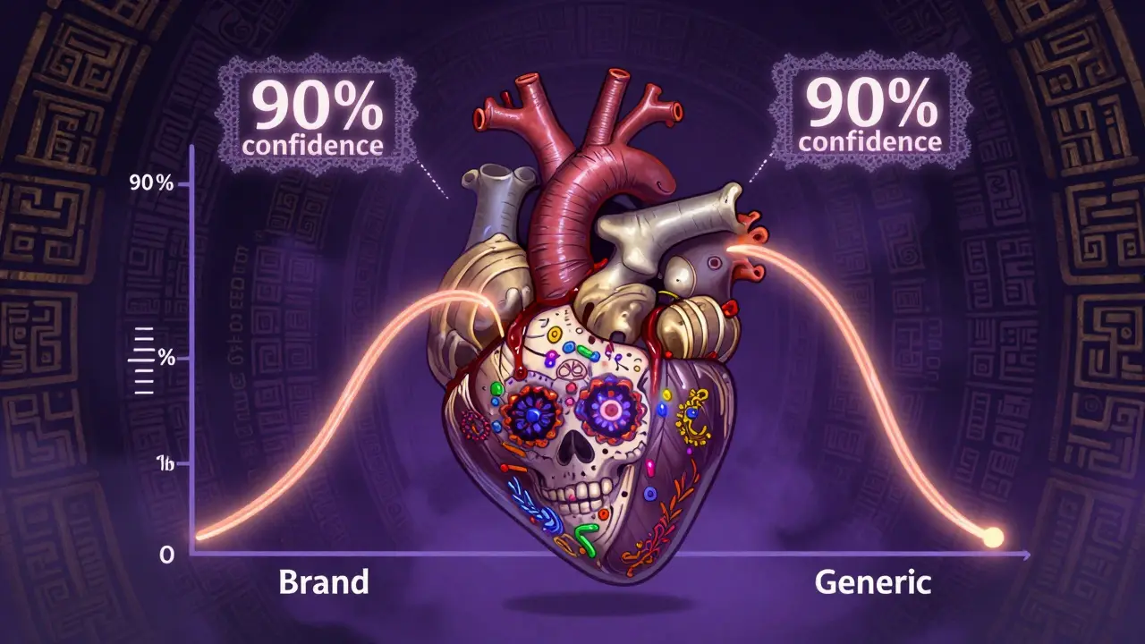 A bone-woven heart with two identical glowing bloodstreams peaking at the same height, framed by shimmering 90% confidence intervals.