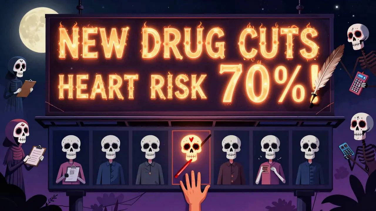 A glowing drug ad claims 70% reduction, but a 100-skull grid shows only one saved, with side effects in Day of the Dead style.