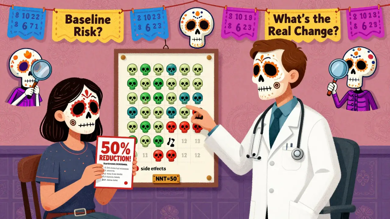 A patient and doctor examine a chart of 100 skulls showing drug benefits and side effects, with NNT=50 visible, in Day of the Dead style.