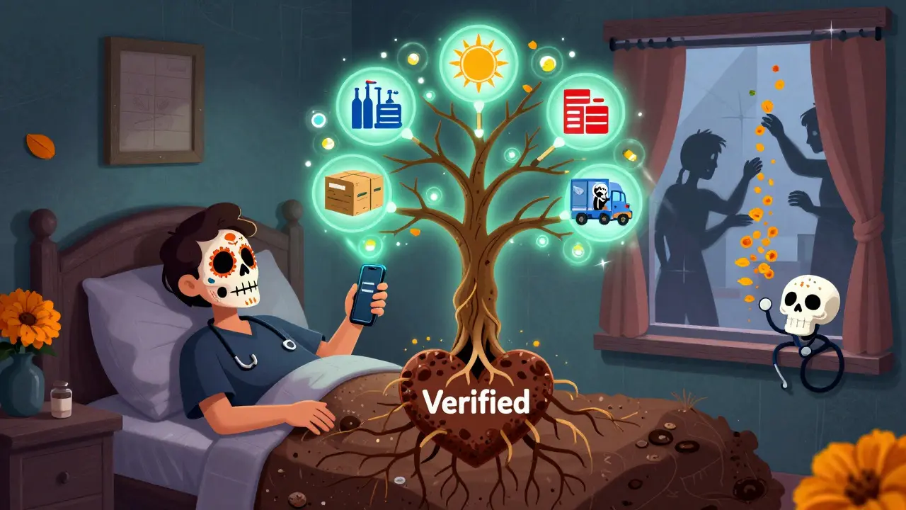 A patient views a blockchain journey of their medicine as a glowing tree, with sugar skulls and marigolds symbolizing safety.
