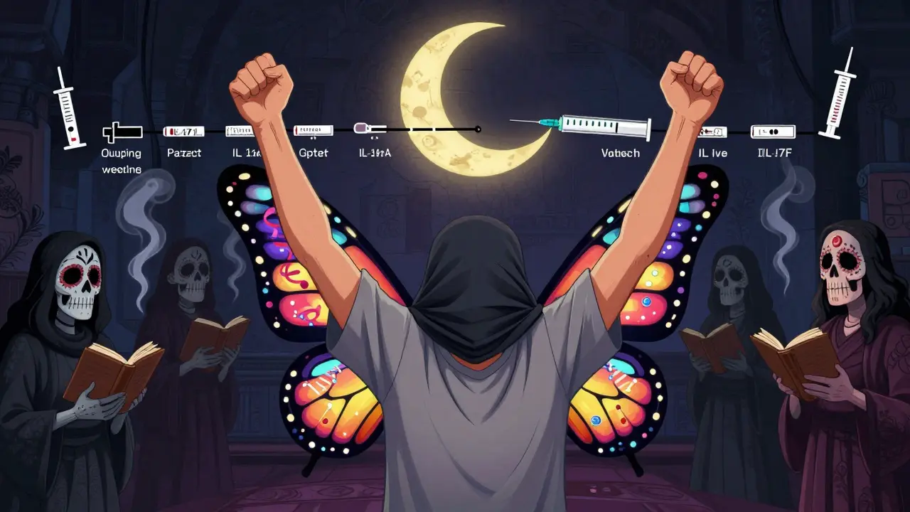 A patient with healed skin butterfly wings, symbolizing biologic therapy success, against a mural of medical progress in Day of the Dead style.