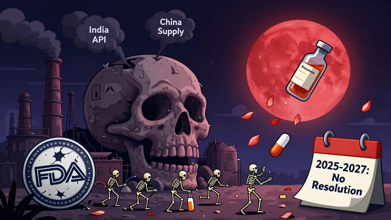 A skull-shaped factory crumbles as supply vials fall under a blood-red moon, labeled with drug names and a 2025-2027 timeline.