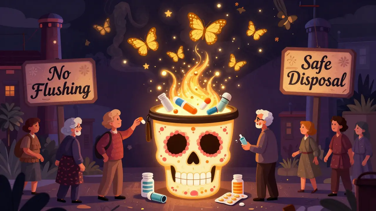 A skull-shaped take-back bin with people donating medications as spirits rise into the sky as butterflies.