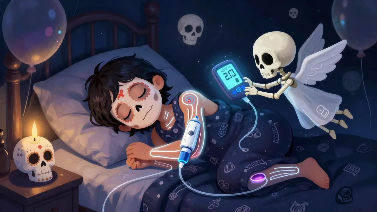 A sleeping child with glowing insulin pathways, guarded by a skeletal angel adjusting glucose levels under moonlight.