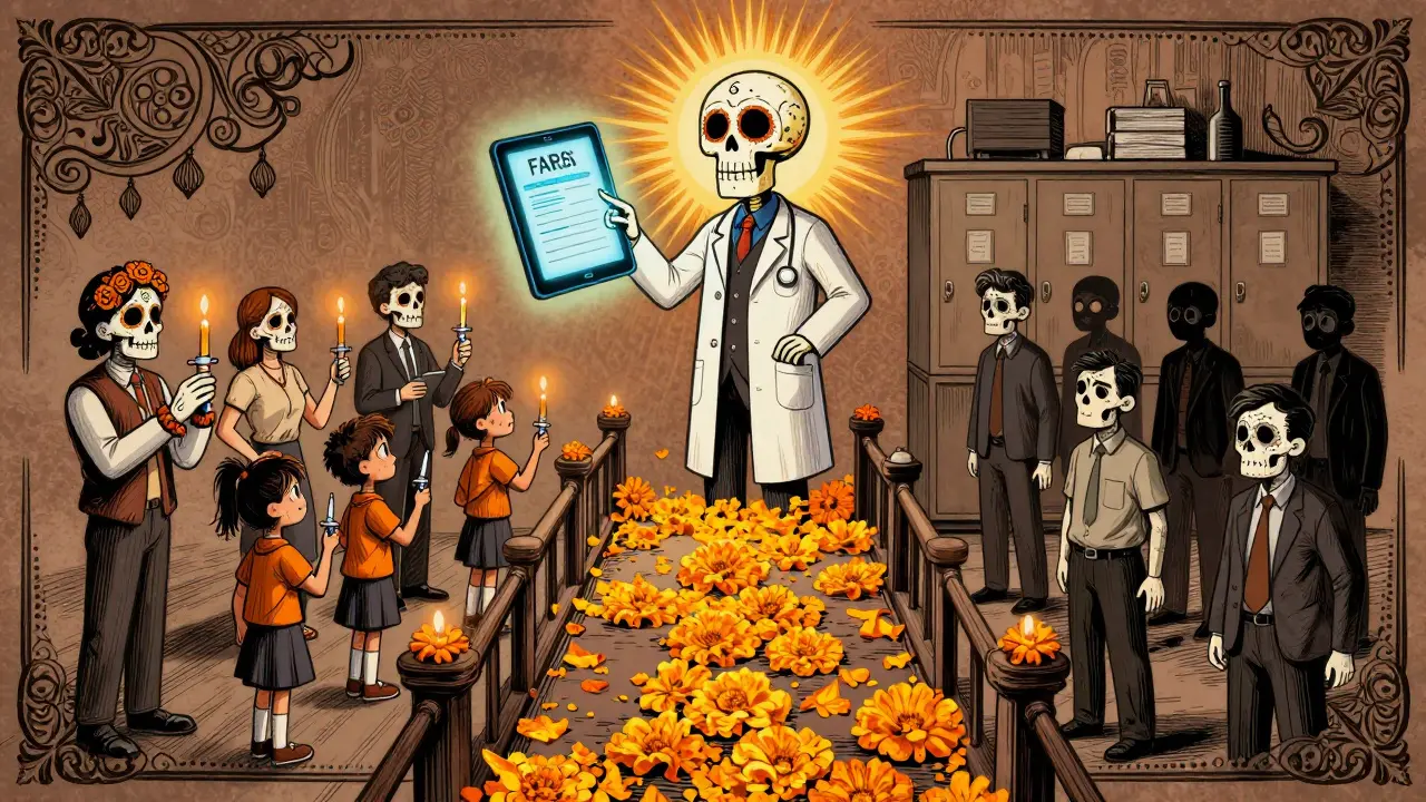 A symbolic bridge connects a prepared school to an unprepared workplace, guided by a skeleton doctor and marigold petals in Day of the Dead style.