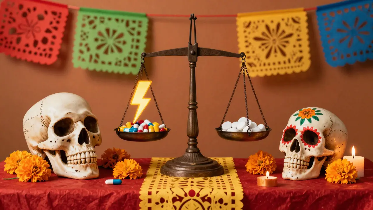 Altar scale balancing high-risk and low-risk antibiotics with marigolds and skulls.