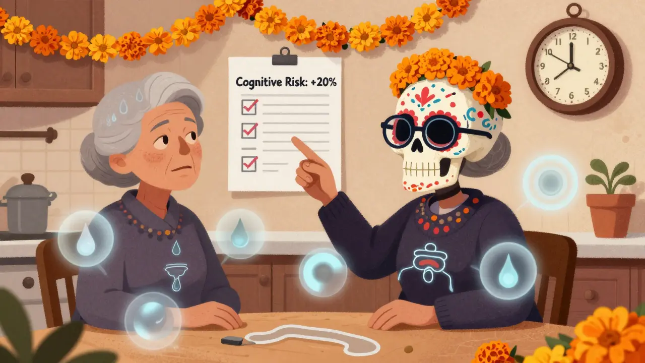 An elderly woman surrounded by anticholinergic symbols like blurred vision and dry mouth, with a skull pointing to a cognitive risk chart in a warm, marigold-lit kitchen.