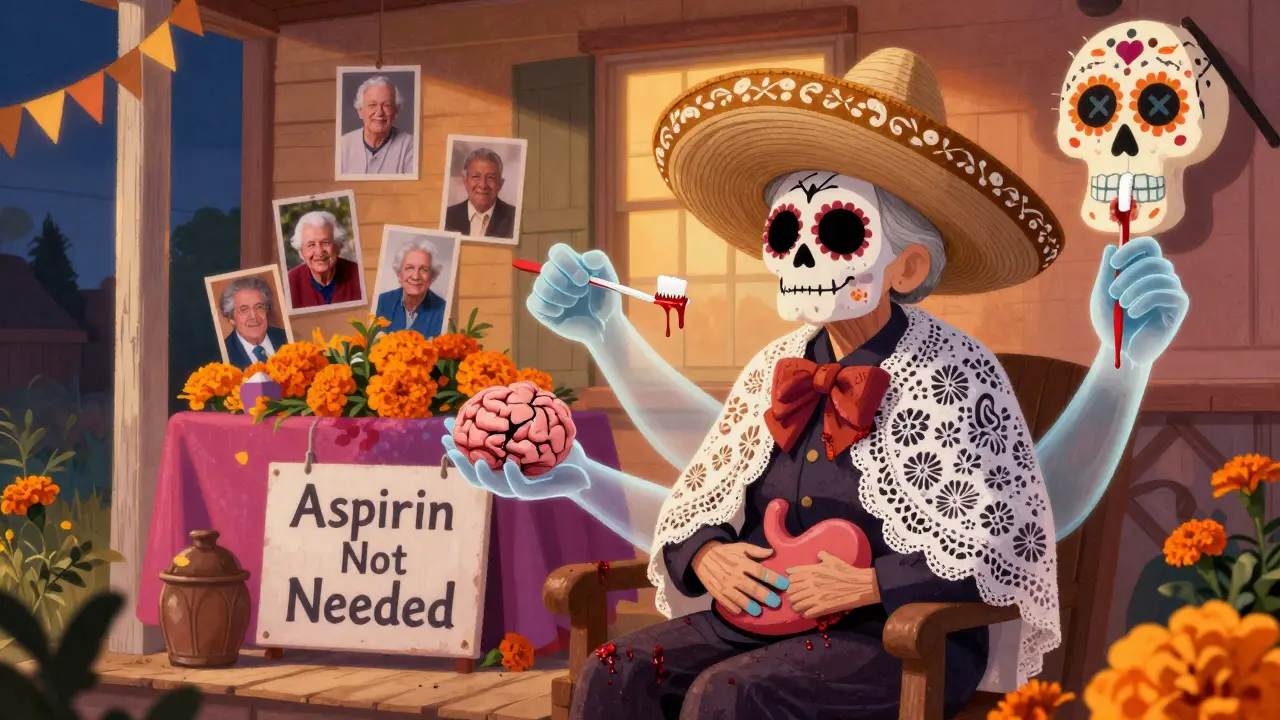 Elderly person with ghostly bleeding signs emerging from body, calm on porch beside ofrenda with 'Aspirin Not Needed' sign.