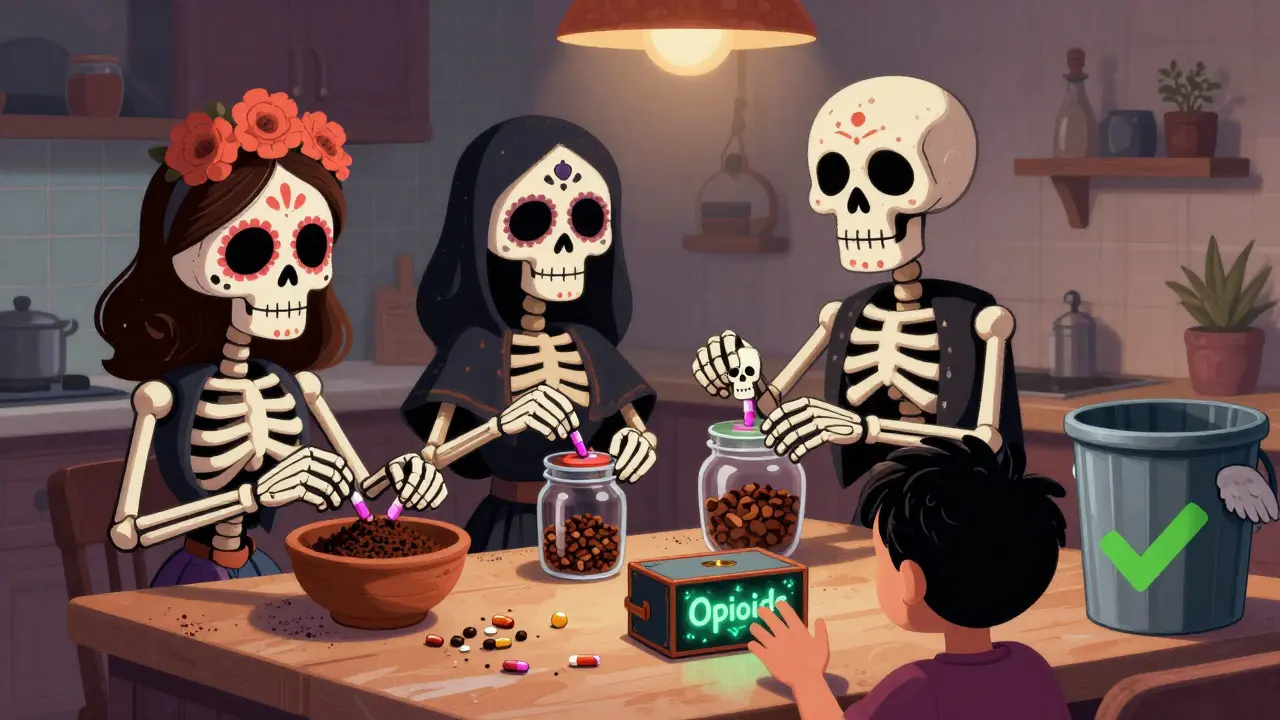 Family mixing expired pills with coffee grounds and sealing them in a jar, while a child reaches for a locked opioid box.