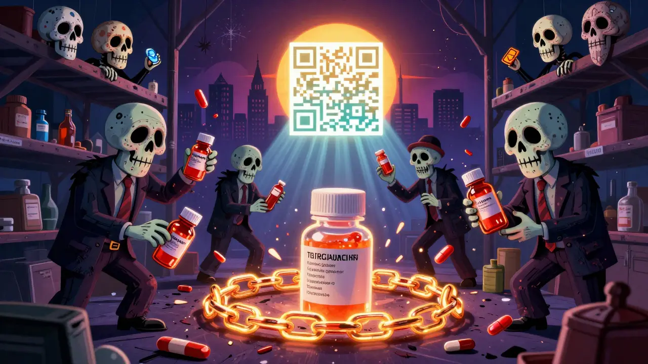 Ghostly counterfeiters fail as real pills glow with blockchain protection, surrounded by dancing sugar skulls.