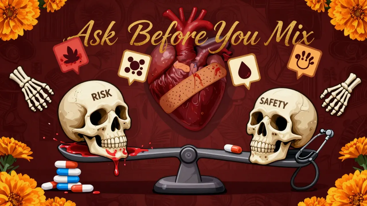 Medical scale balancing risk (stacked pills) against safety (single pill and stethoscope), with warning symbols floating around.
