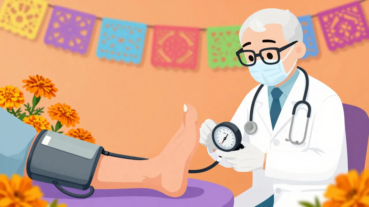 Skeletal doctor measuring ABI with blood pressure cuff on ankle, marigolds in background.