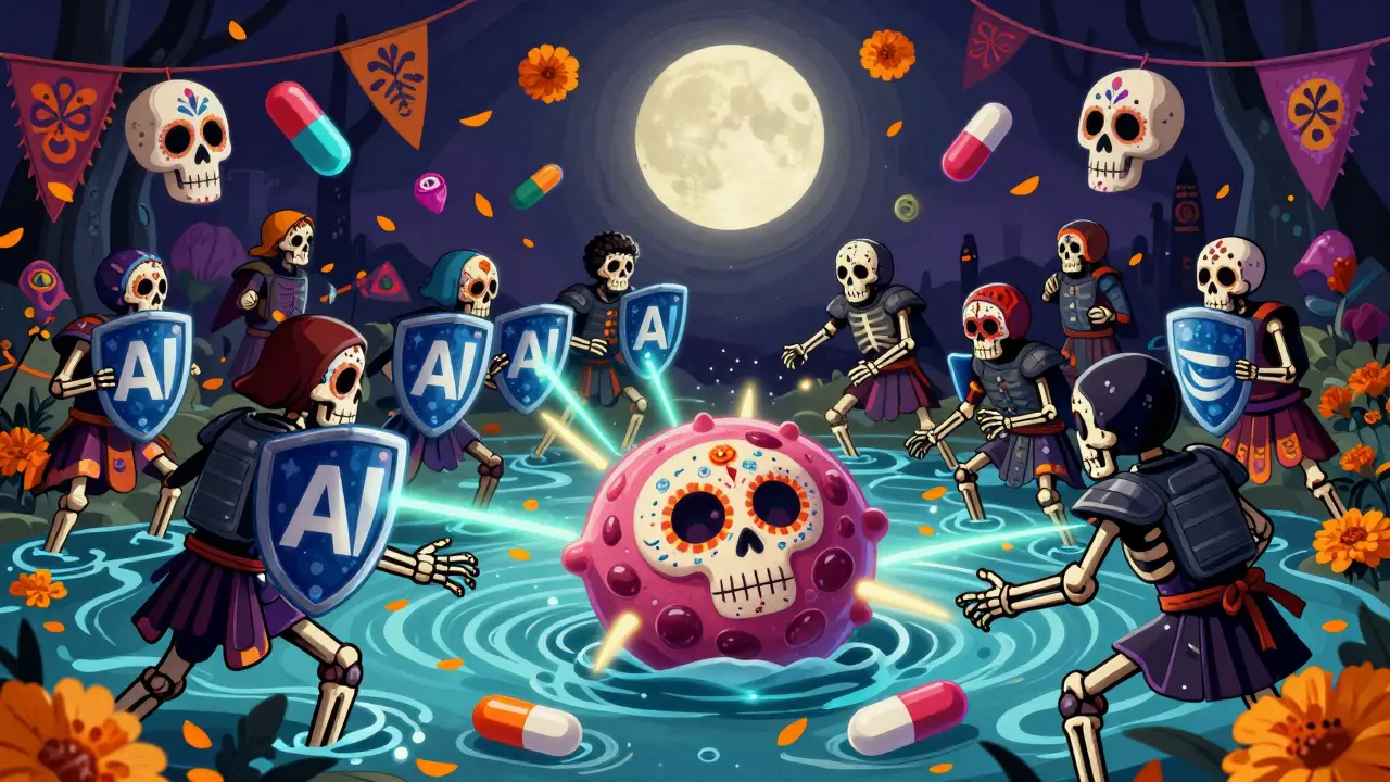 Skeletal warriors fighting over a kidney cell, NSAIDs blocking blood flow, ACE inhibitors struggling, marigold petals floating in the air.