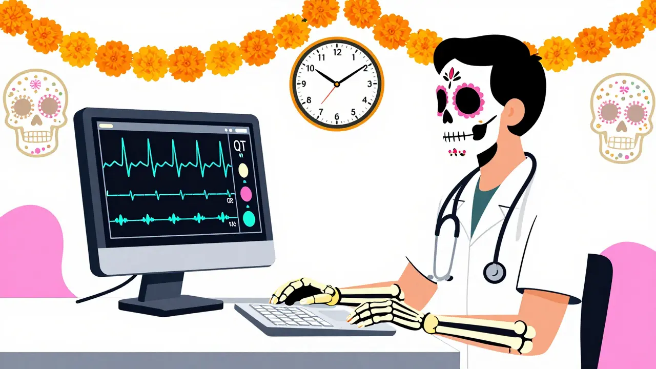 Skeleton doctor checking ECG monitor with clock at 2:00 in vibrant Day of the Dead style.