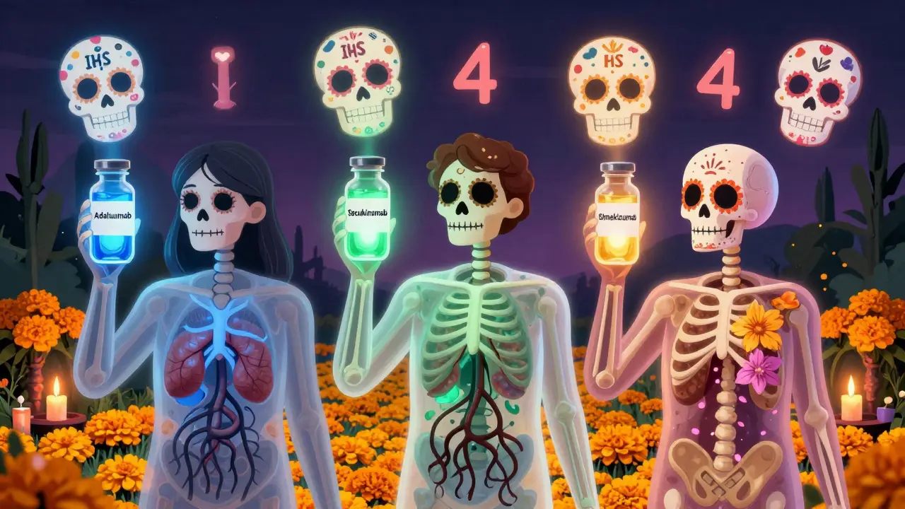 Three skeletal patients hold glowing biologic vials that dissolve skin tunnels, with sugar skull charts floating above them.