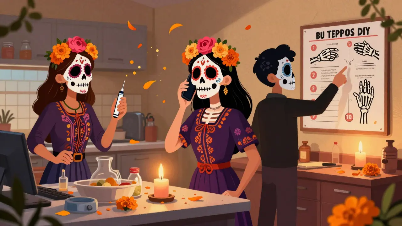 Workplace coworkers respond to an allergic reaction using epinephrine, with skull-themed decor and step-by-step instructions on a wall chart.