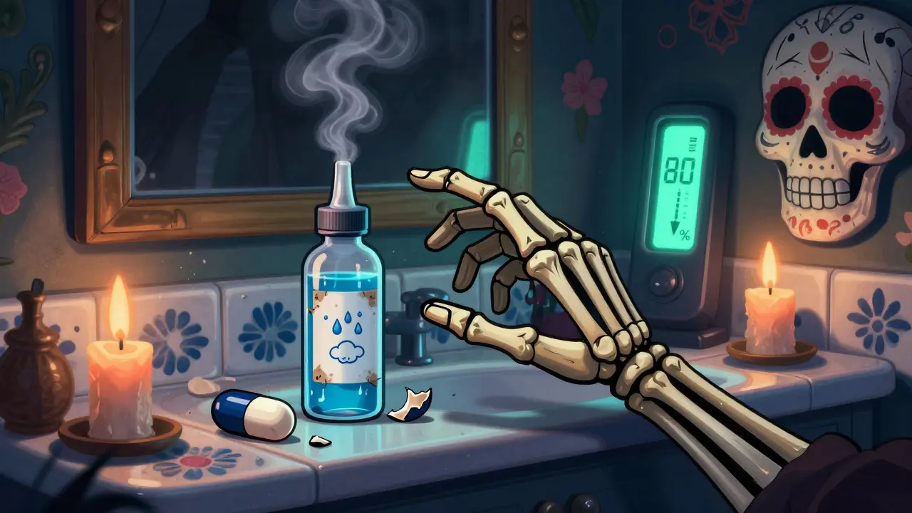 A bathroom cabinet releases steam that corrodes a nebulizer ampule, with humidity symbols and cracked capsules nearby.