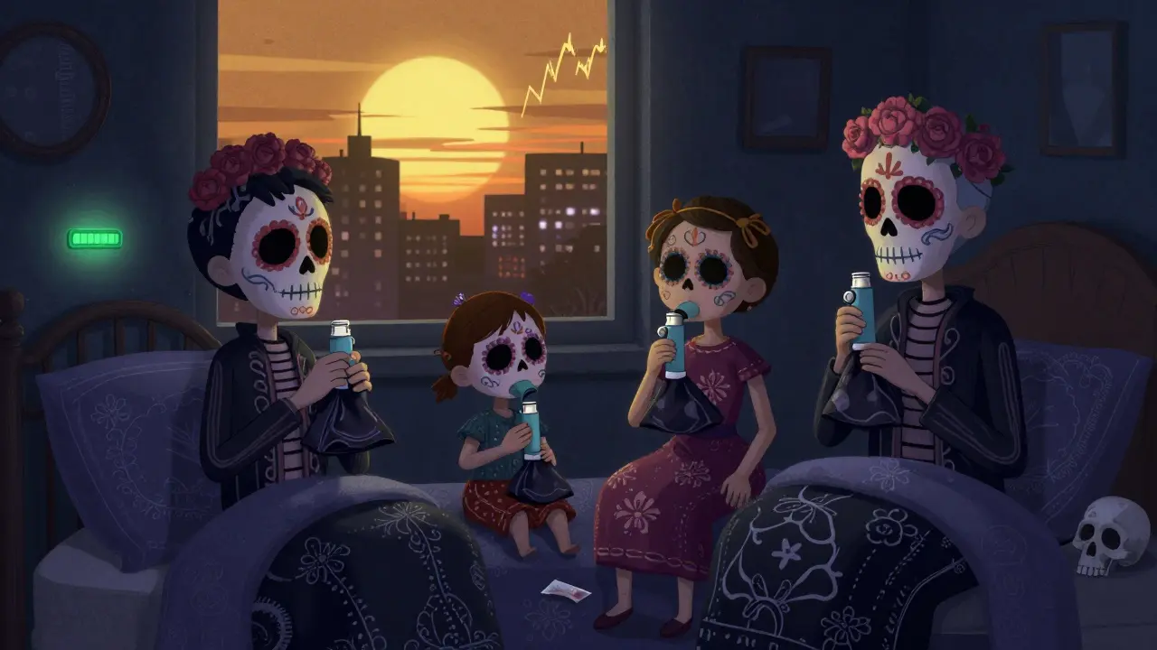 A family stores inhalers in dark pouches at night, with a glowing temperature strip and skull-shaped silica gel packet nearby.