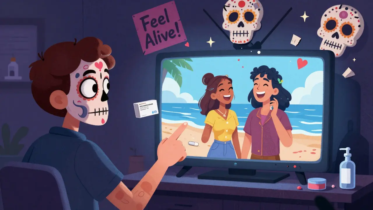 A patient gazes at a TV ad of a happy couple, while a pharmacist offers a simple generic pill in shadow.