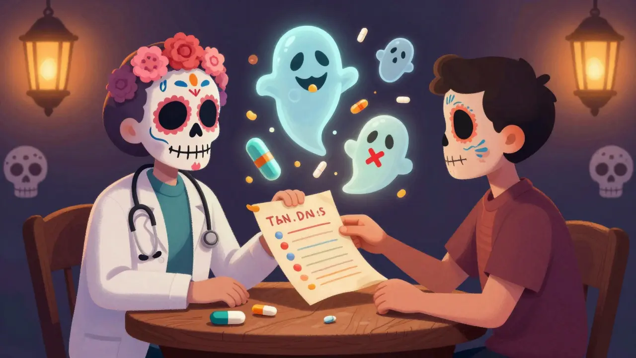 A patient handing a written supplement list to a doctor, with ghostly pills floating above them under warm lantern light.