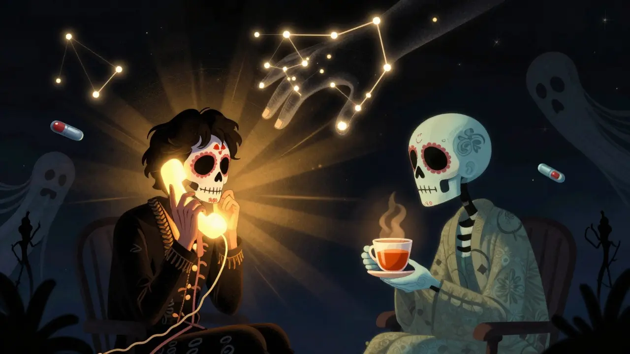 A person calls a hotline as a spectral companion sits beside them, golden light glowing from the phone, with a lifesaving hand constellation above.