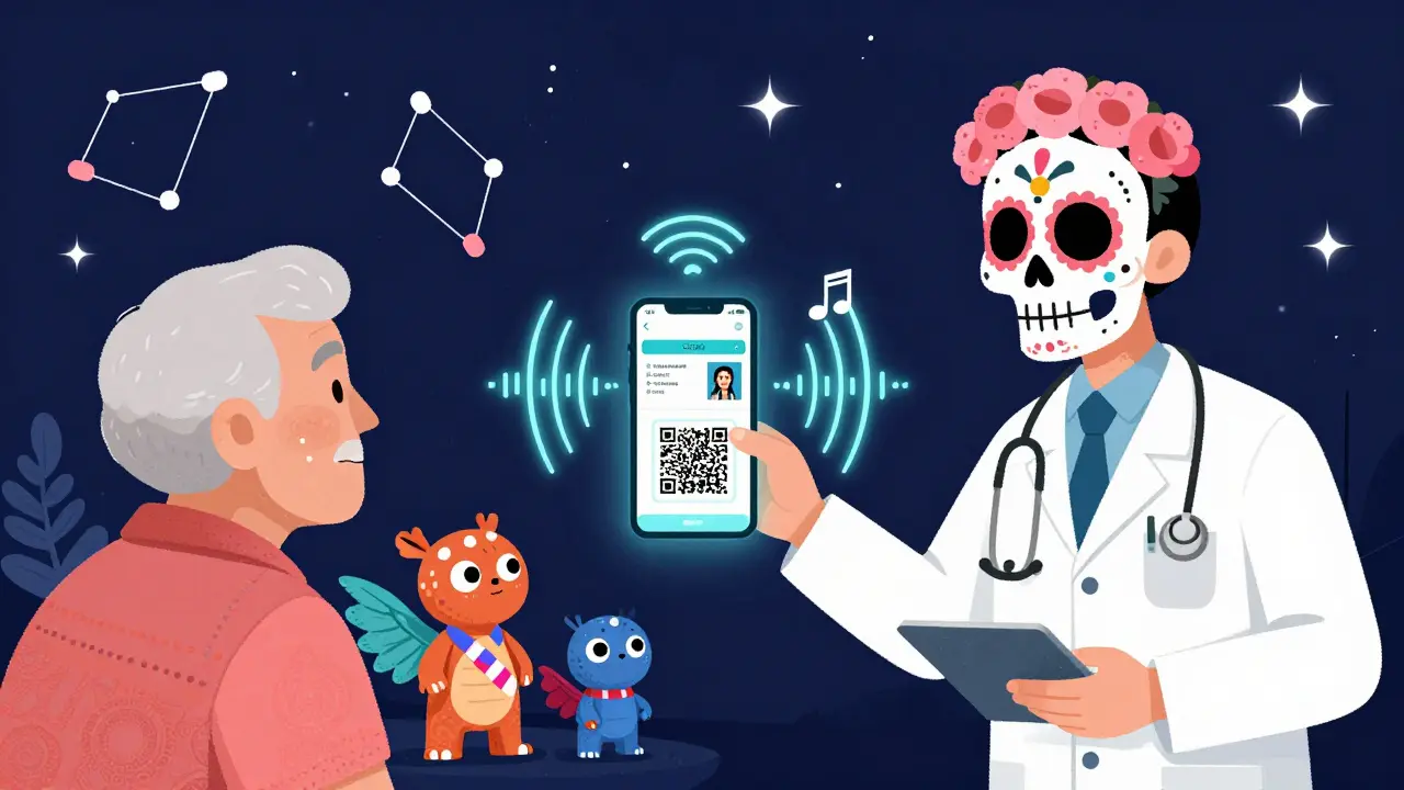 A pharmacist gives a QR code label to a senior, with audio waves and alebrije creatures nearby in a vibrant night scene.