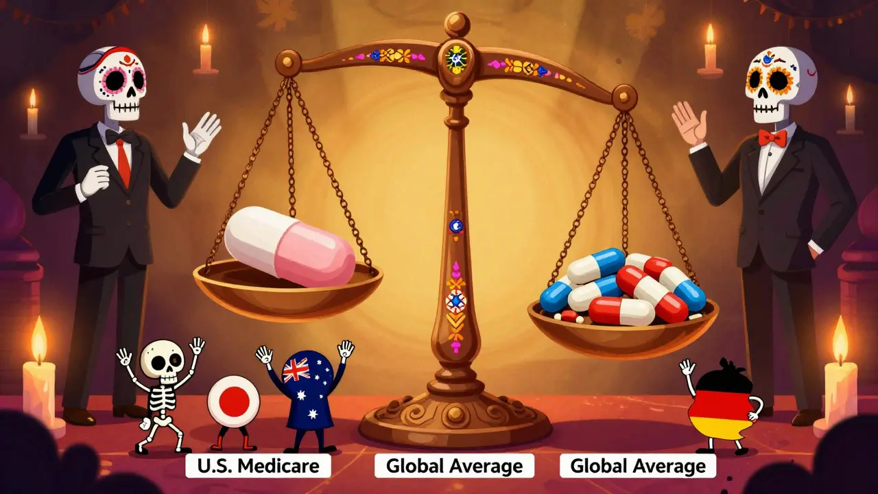 A scale balances one expensive U.S. pill against ten cheaper global pills, with skeletal figures watching as insurers argue in shadows.