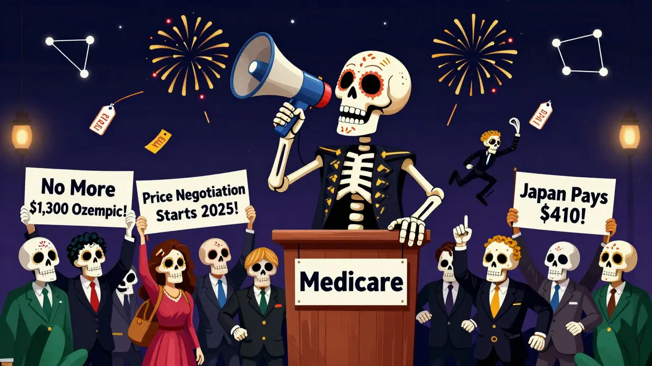 A skeleton labeled 'Medicare' speaks at a rally demanding lower drug prices, with crowds holding banners and corporate executives fleeing.